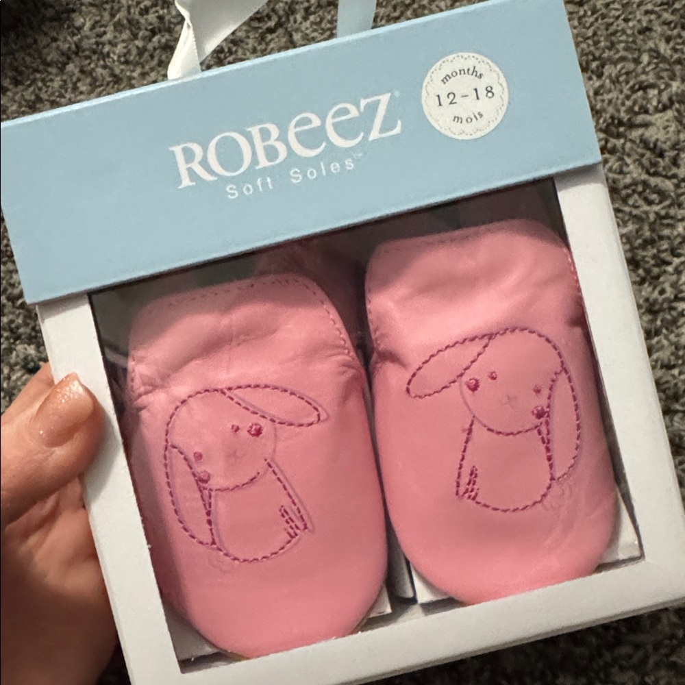 Robeez Soft Soles Baby Shoes 12-18 Months Pink Bunny Leather Slippers